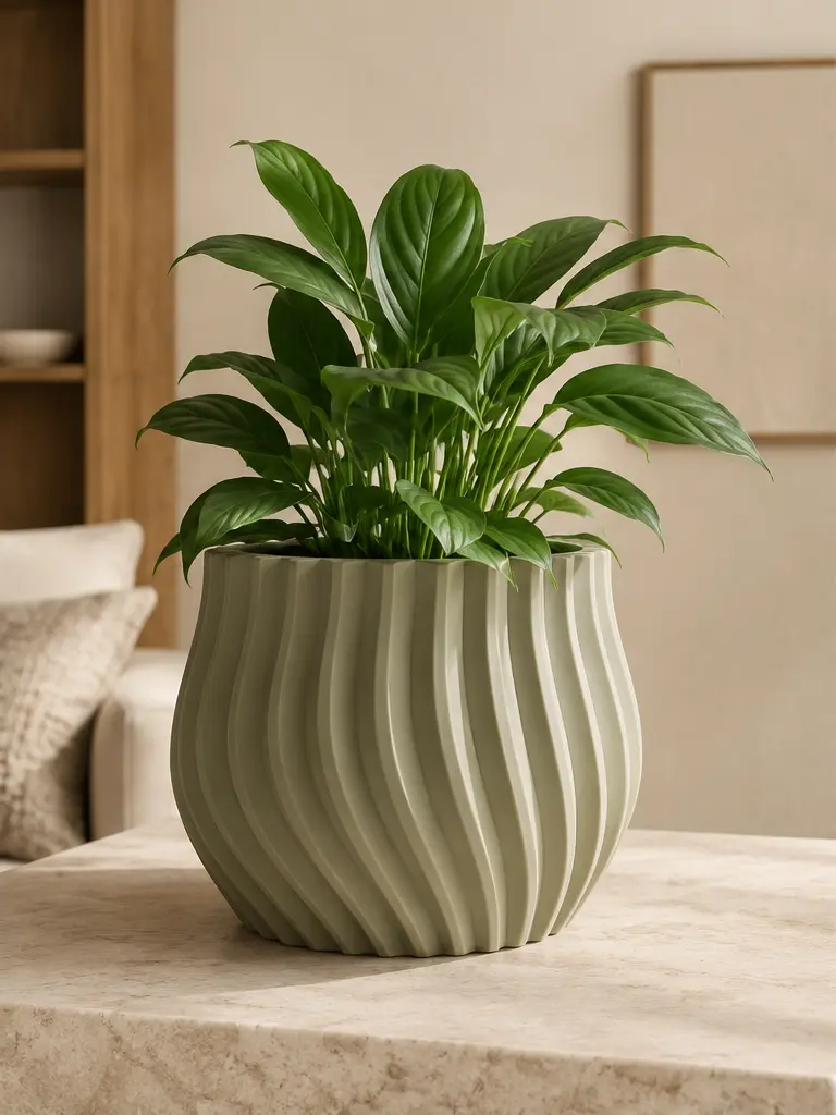 Sculptural planter in a softly lit living space